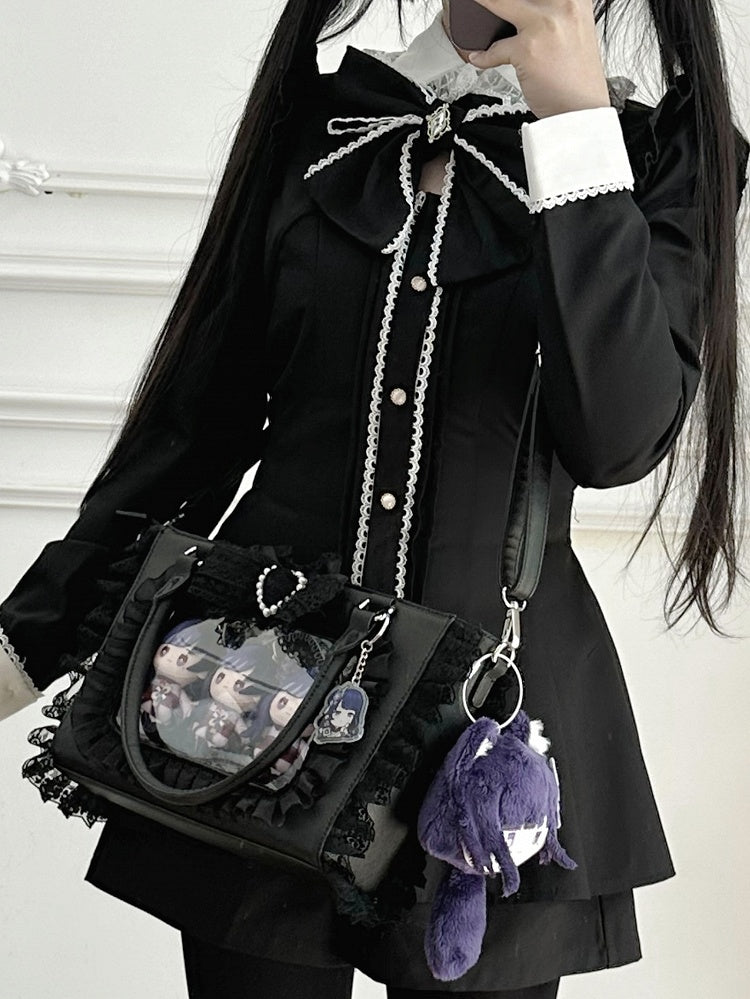 Jirai Kei Black Beaded Heart Decorated Bowknot Lace Trim Ita Bag with Free PVC Card Holder