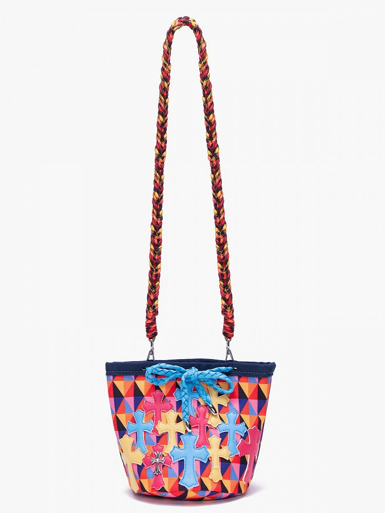 Colorful Diamond Pattern Crossbody Bag With Cross Accents & Multicolor Braided Strap