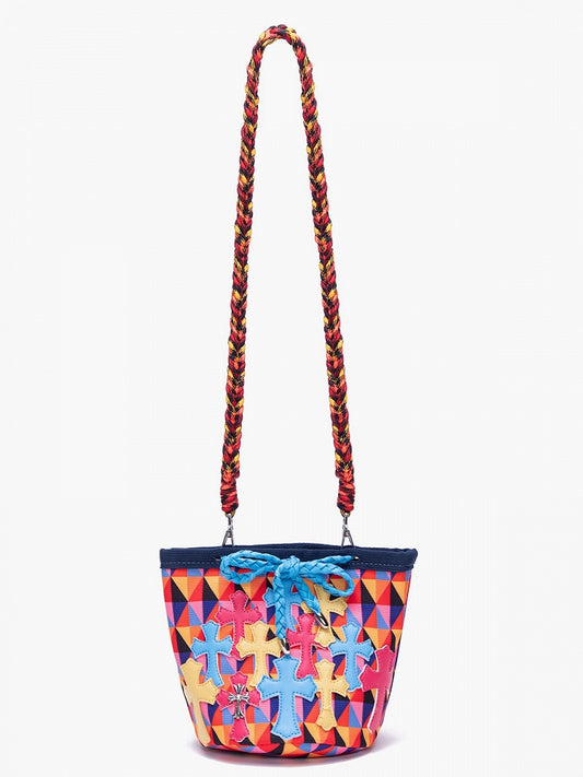 Colorful Diamond Pattern Crossbody Bag With Cross Accents & Multicolor Braided Strap