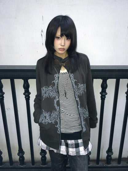 Dark Gray Stand Collar Zip-Up Hoodie with Punk Graphic Print