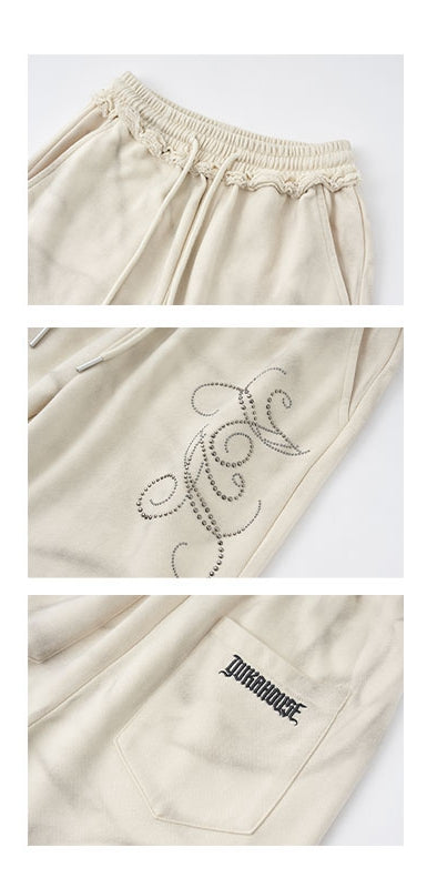 Wasteland Punk Beige Elastic Waist Unisex Distressed Pants