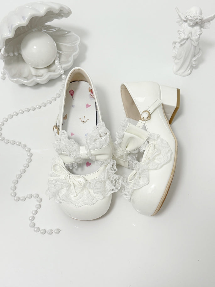 White Bowknot Details Lace Trim Round Toe Lolita Shoes
