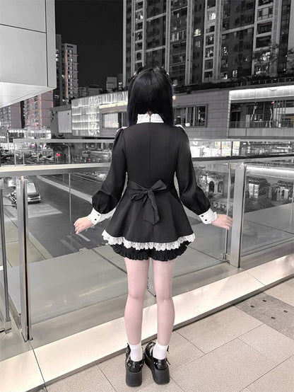 Jirai Kei Black & White Two-Piece Set | Lace Trim Top with Heart Buckles Waist & Matching Shorts