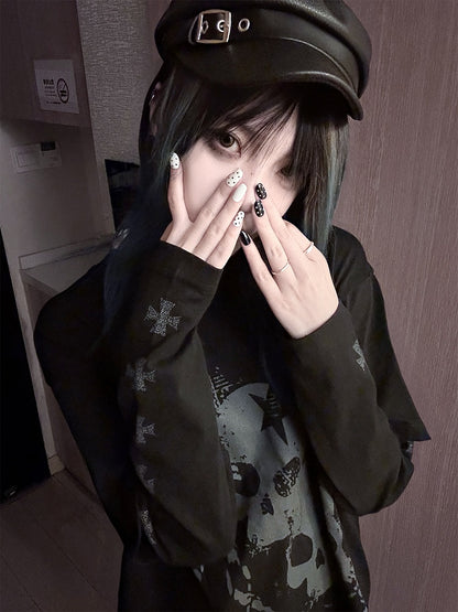 Black Faux Two-Pieces Top with White Skeleton and Cross Print