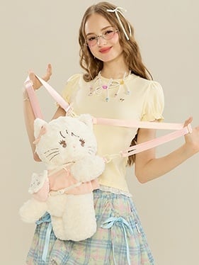 Kawaii Pink & White Cat Plush Backpack / Crossbody