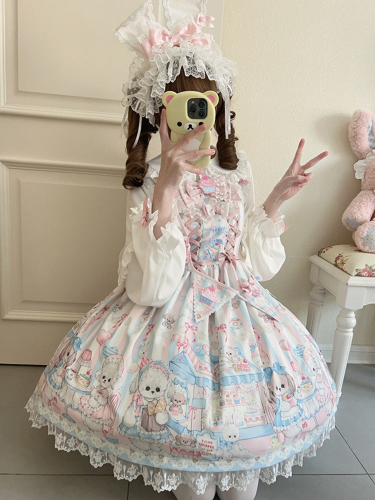 Puppy's Afternoon Tea Print Sweet Lolita Dress with Flags Ribbon