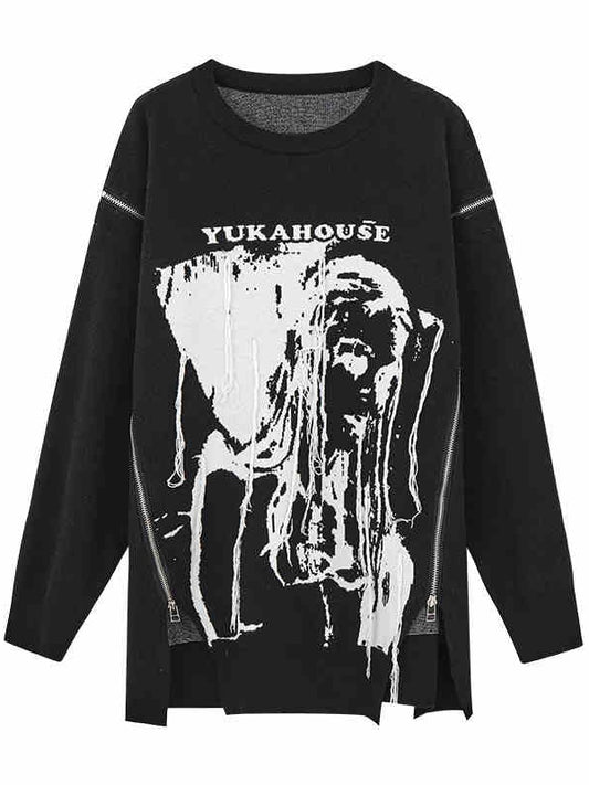 Black Punk Rock Zips Design Loose Round Neck Sweater