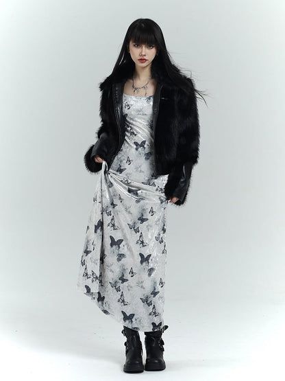 White Velvet Butterfly Print Slim-fitting Dress