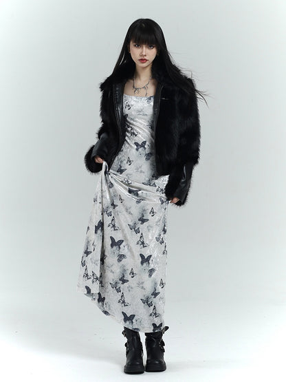 White Velvet Butterfly Print Slim-fitting Dress