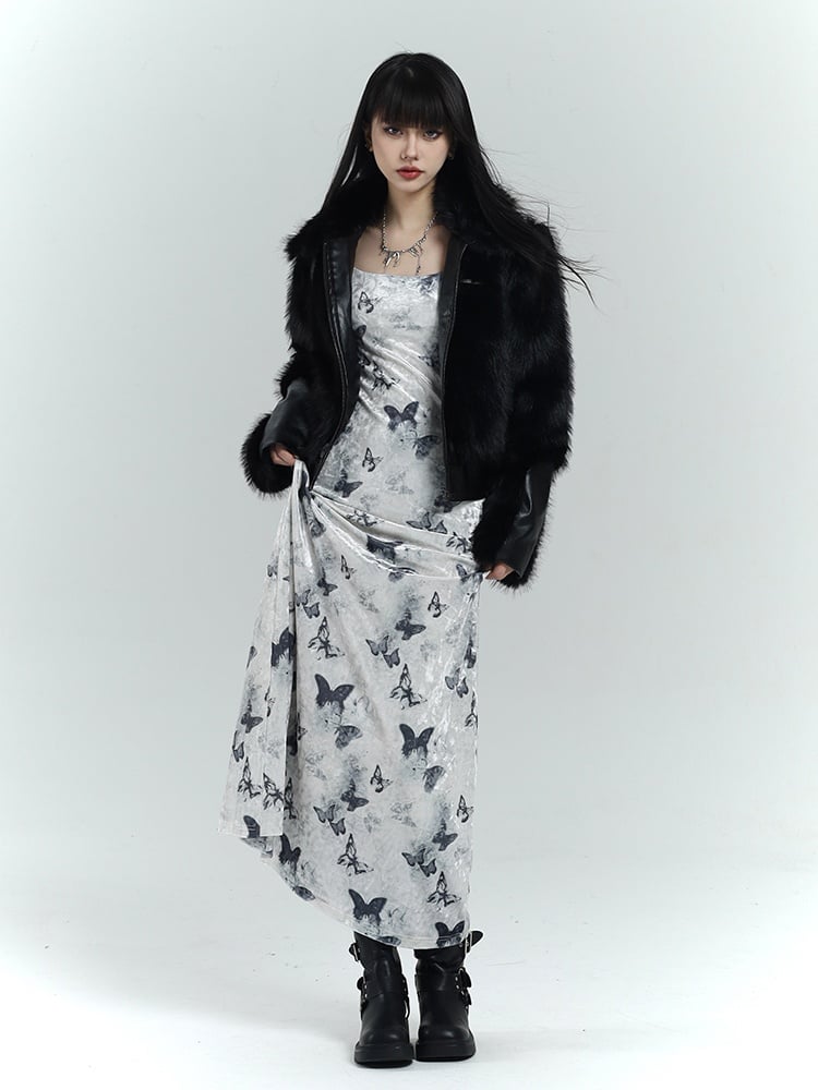 White Velvet Butterfly Print Slim-fitting Dress