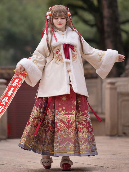 Plus Size New Year White Embroidered Coat with Plush Collar and Cuffs