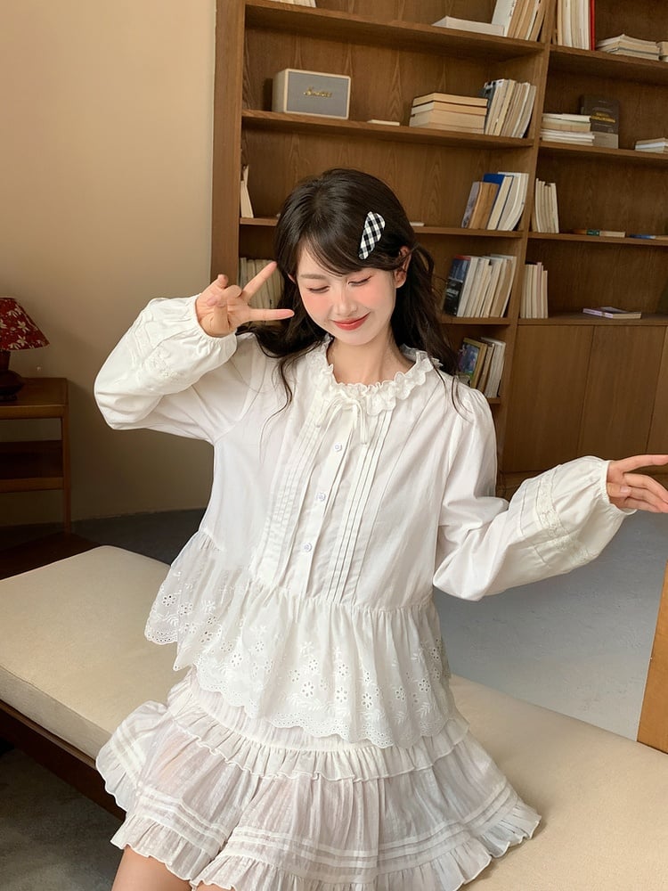 Self-tie Ruffle Neckline White Pleating Details Lace Hem Blouse