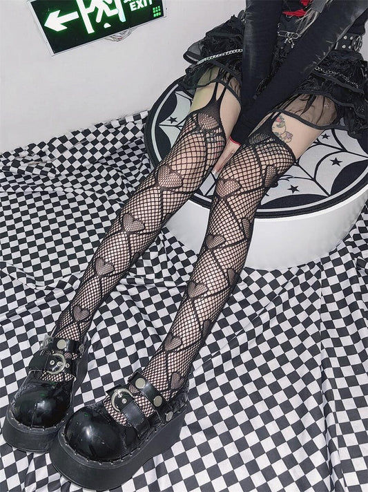Black/Red Heart Print Punk Fishnet Tights