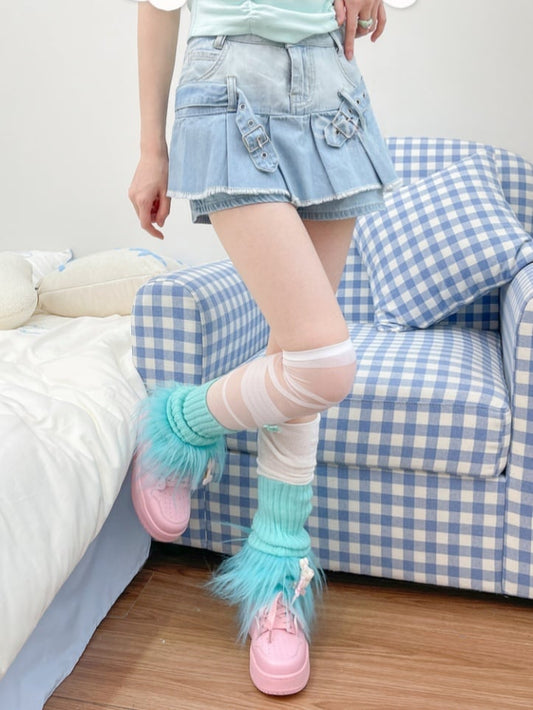 Punk Blue Buckle Straps Raw Hem Denim Glamorous Pleated Skirt