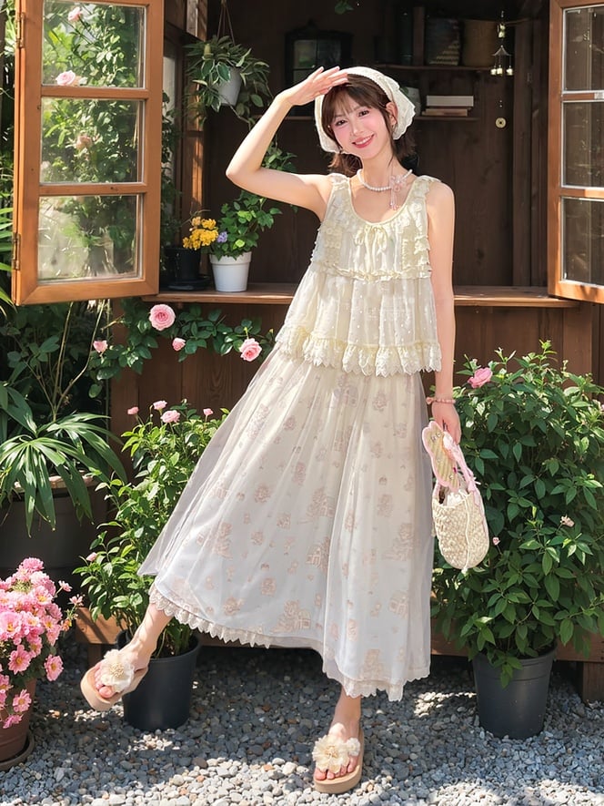 Beige Elastic Waist Cute Cartoon Print Skirt with Mesh Overlay