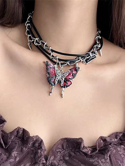 Rose Red/Dark Blue Butterfly Pendant Y2K Choker