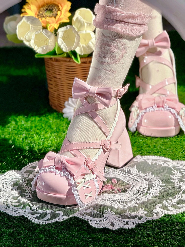 Pink Crisscross Design Bunny Ear Bowknot Sweet Lolita 8CM High Block Heels