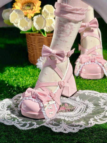 Pink Crisscross Design Bunny Ear Bowknot Sweet Lolita 8CM High Block Heels