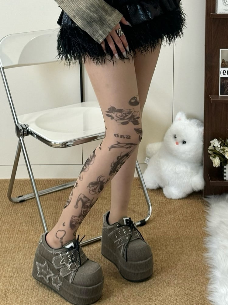 Nude Butterfly Rosette And Cartoon Girl Print Tights