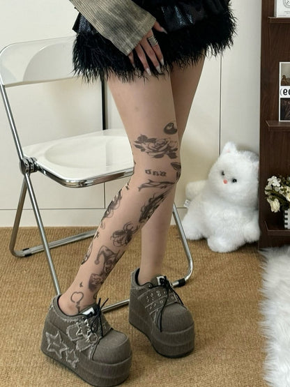 Nude Butterfly Rosette And Cartoon Girl Print Tights