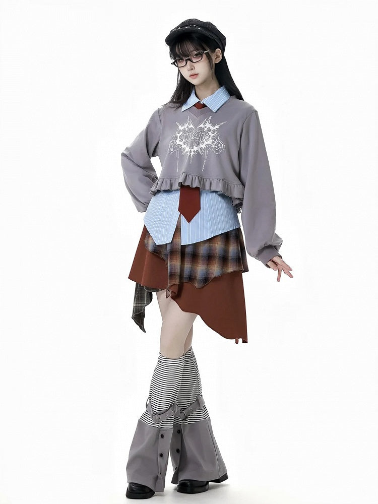 Gray Striped Pattern Buckle Strap Leg Warmers