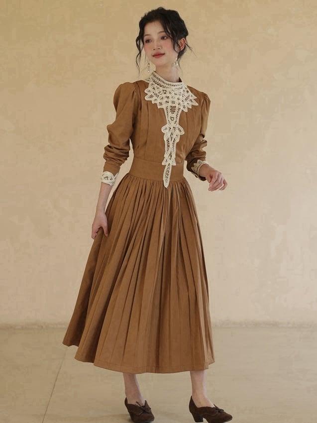 Brown Vintage Banded Collar Long Puff Sleeves Dress