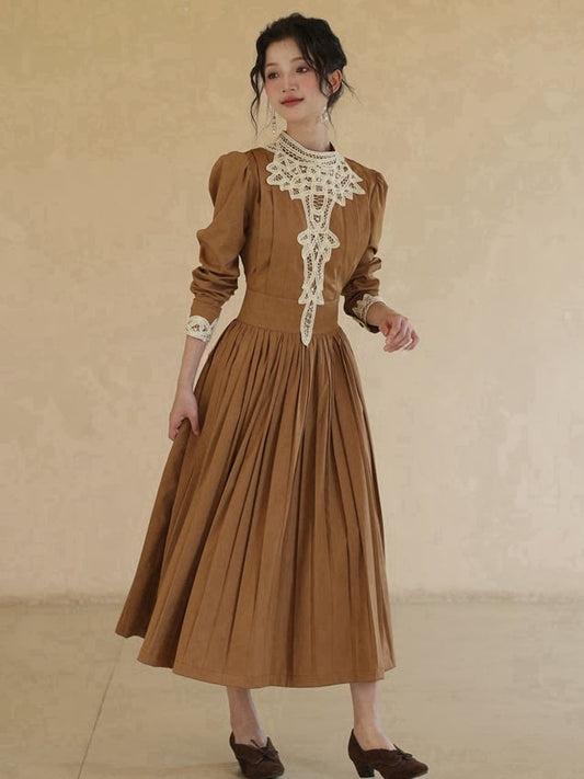 Brown Vintage Banded Collar Long Puff Sleeves Dress