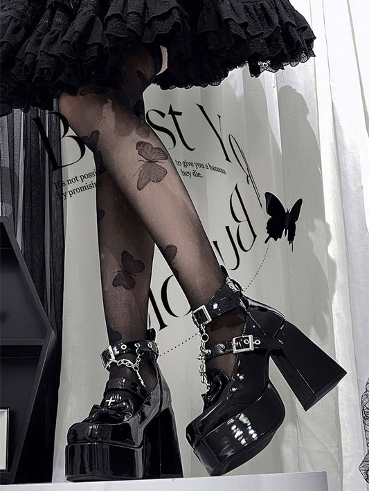 Spike Studs Polished Black Platform Block High Heels Punk Goth Shoes