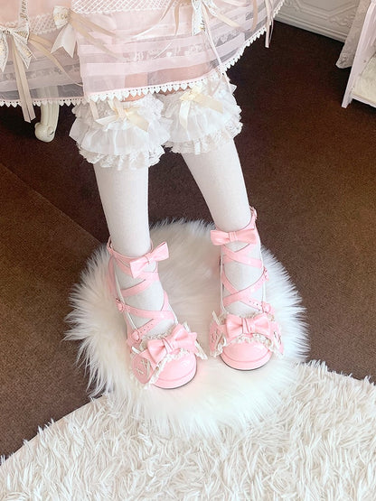 Pink Crisscross Design Bunny Ear Bowknot Sweet Lolita 8CM High Block Heels
