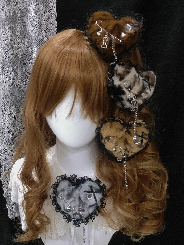 4 Color Options Lace Trim Tiger Spot Pattern Plush Heart Hairclip