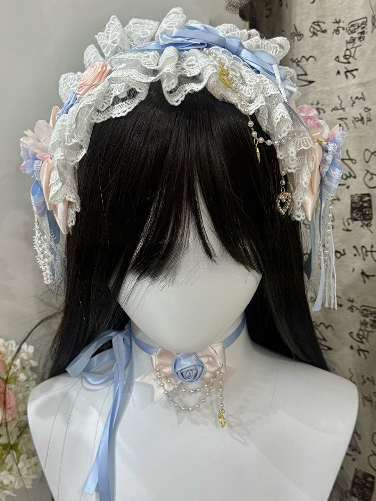White&Blue Beaded And Heart Charm Bowknot Details Ruffled Hairband + Floral Design Bowknot Choker