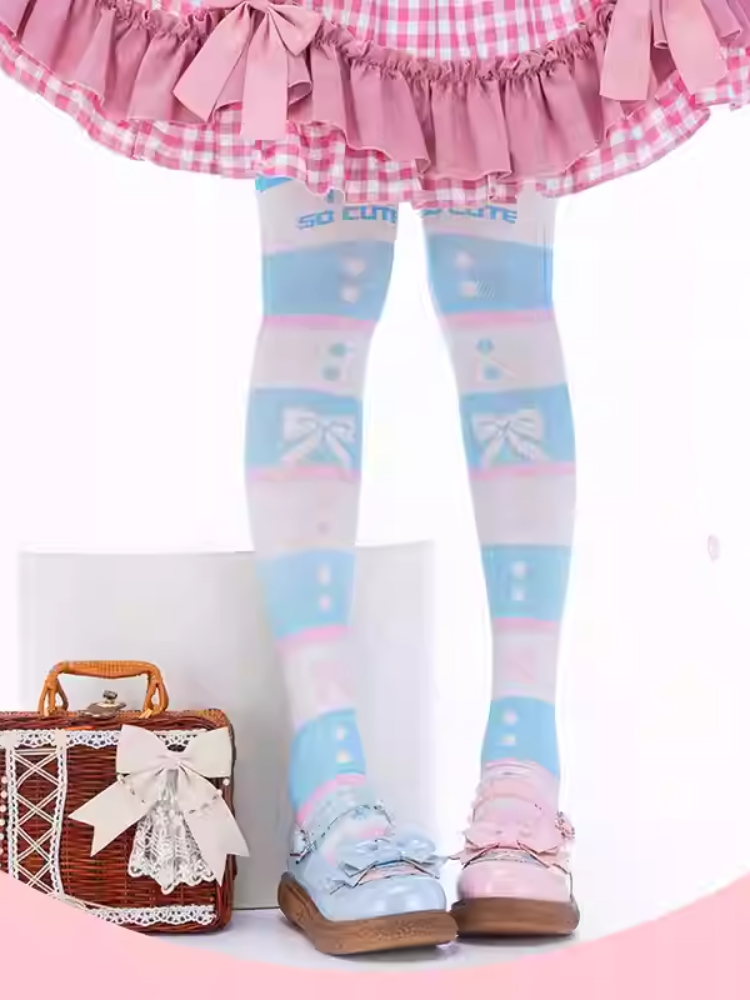 Blue and White Striped Bow Print Over Knee Stockings