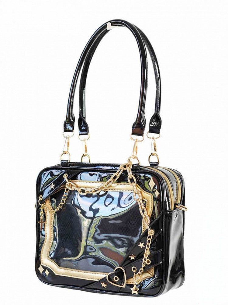 Black & Gold Crisscross Strap Ita Shoulder Bag with Cross Charm Chain