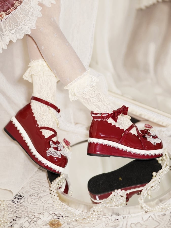 Red Floral Design Bow at Top Lace Trim Heart Buckle Platforms With Detachable Beaded Chain