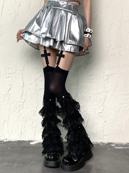 Black Y2K Star and Moon Tiered Ruffle Trims Leg Sleeves