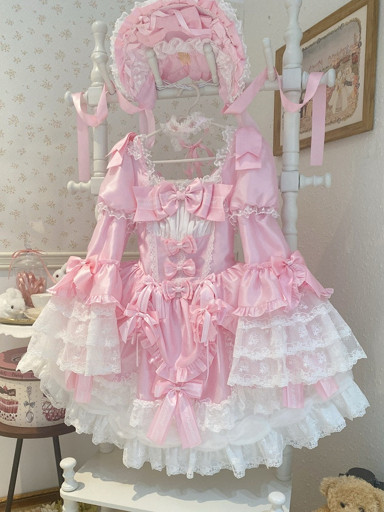Clearance-Size S for Bust 84-90CM Light Pink Bow Accents Sweet Old School Lolita Princess Dress with Detachable Bell Sleeves