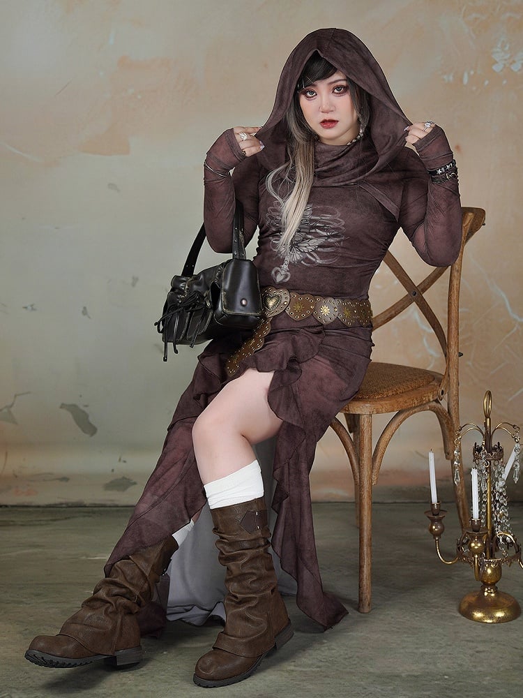 Plus Size Wasteland Punk Dark Coffee Sun Protection Hooded Top