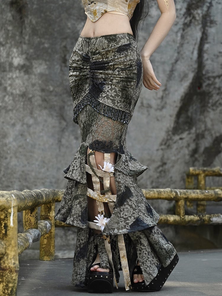 Dusty Green Tie Dye Pastel Goth Mermaid Skirt Flower Birdcage Hemline