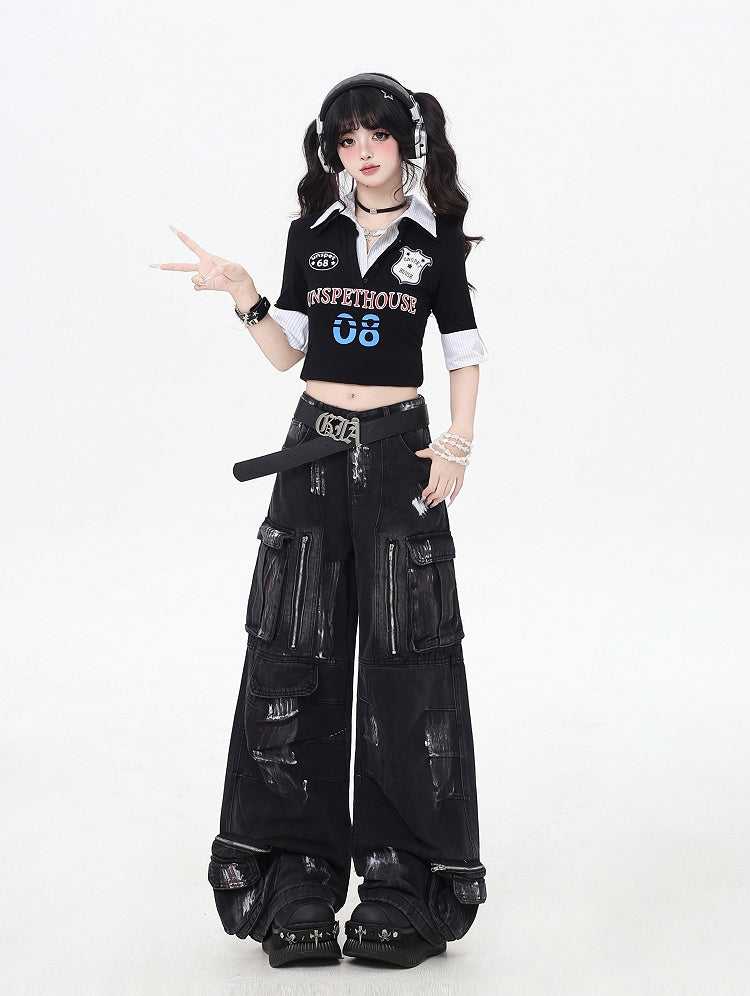 Black/Light Blue Low Rise Spray Paint Print Wide-leg Cargo Jeans