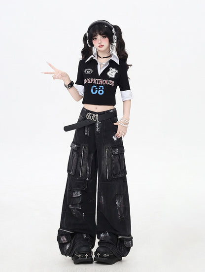 Black/Light Blue Low Rise Spray Paint Print Wide-leg Cargo Jeans