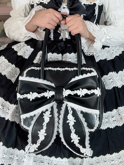 Black Lace Trim Bowknot Design Hand Bag