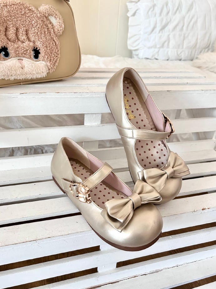 Gold Bow at Top Sweet Lolita Flats with Hugging Bear Heart Buckles