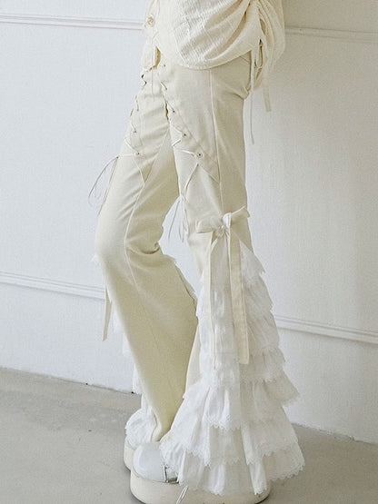 Lace-up Detail Beige Tiered Design Flared Pants with Bowknots and Butterflies