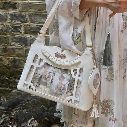 White Bow Accents Cheongsam Style Ita Shoulder Bag with Free Charm