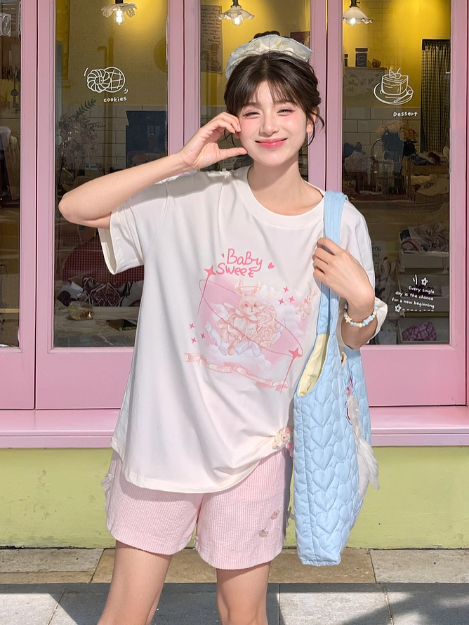 Sweet Pink Bunny Print White Round Neck Loose T-shirt