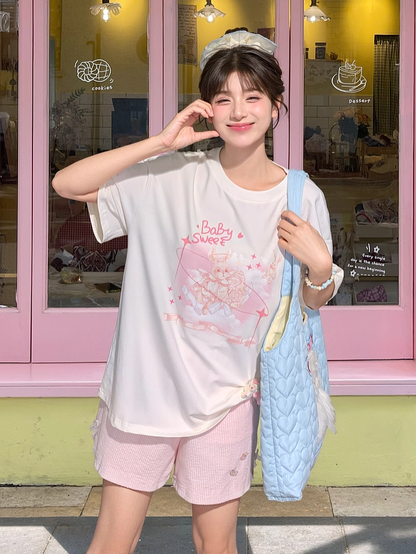 Sweet Pink Bunny Print White Round Neck Loose T-shirt