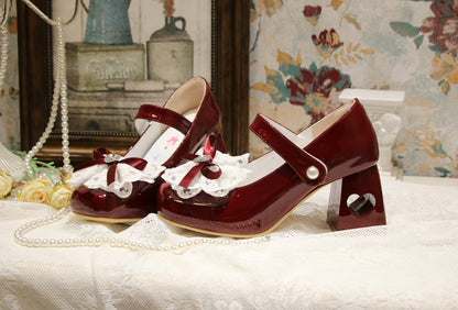 Heart-shaped Hollowed Heel Wine Red Elegant Mary Janes with Lace Bowknot Clips