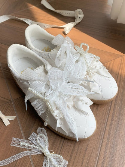 White Beaded Decorated Bow at Top Lace Front Lace-up Ties Sneakers