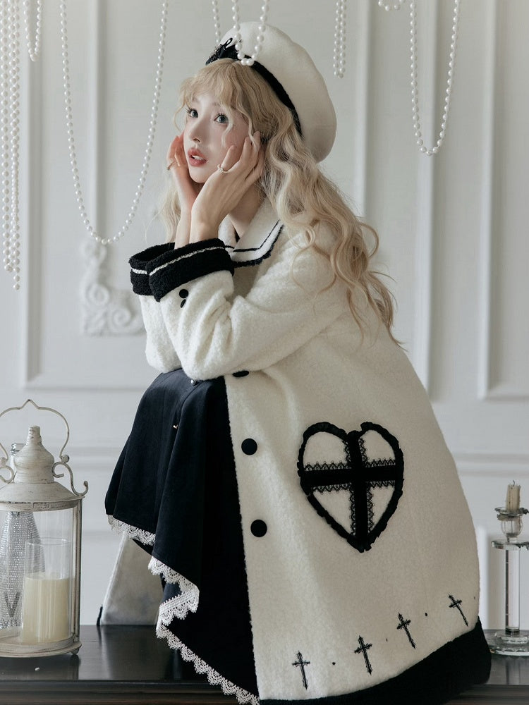 Heart-shaped Pockets White Woolen Coat with Black Embroidery Detail