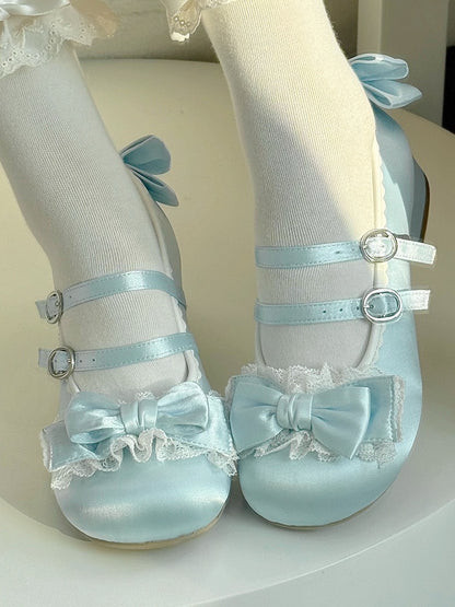 Ruffled Lace, Bow Details & Double Closure Blue Low-heel Mary Janes in Sweet Lolita